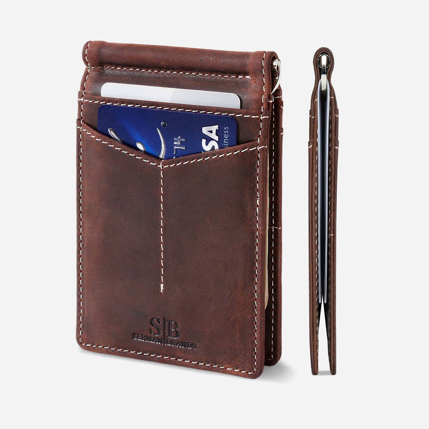 SERMAN BRANDS Men's Full Grain Leather Trifold Wallet - RFID Blocking, 11 Card Slots, ID Window - Gift Box
